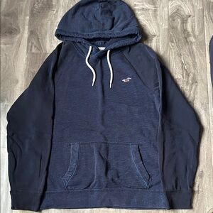 Hollister Navy Blue Pullover Hoodie with White Drawstrings